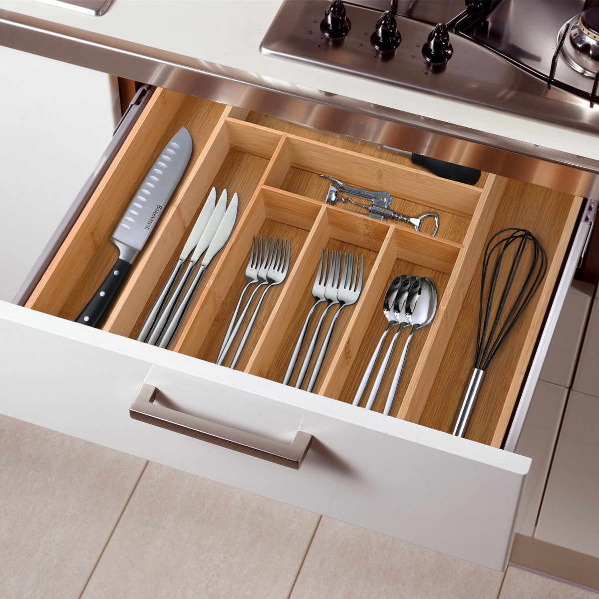 Bamboo Drawer Organizer, 6-8 Slot Expandable Cutlery Tray for Forks, Spoons and Knives, Large Adjustable Kitchen Utensil Holder